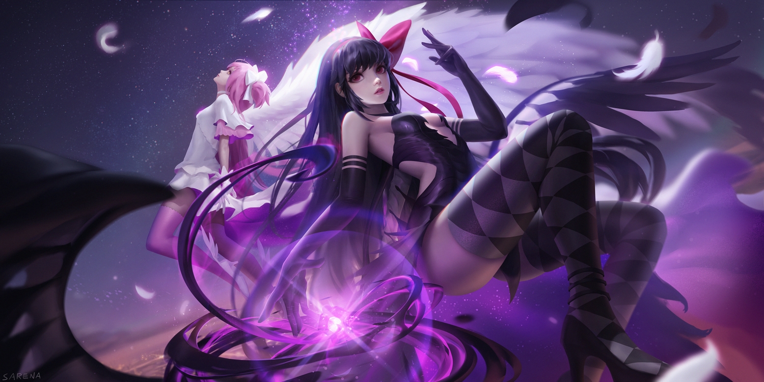 2girls, akemi_homura, akuma_homura, black_hair, breasts, dress, elbow_gloves, gloves