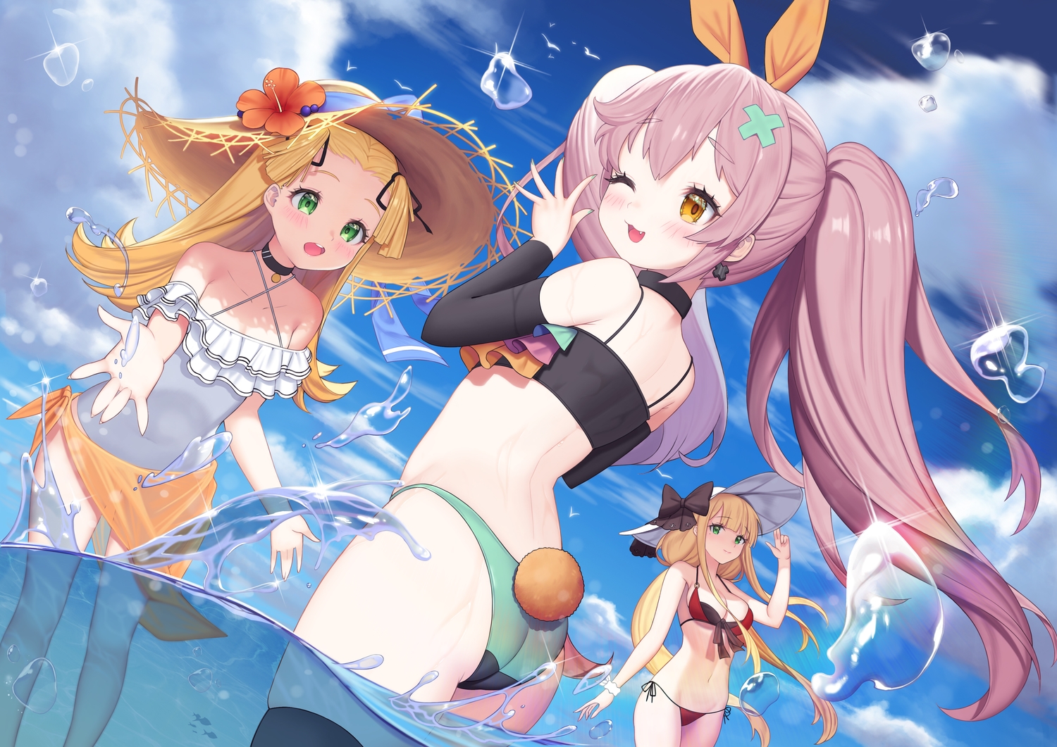 anthropomorphism, ass, bikini, blonde_hair, blue_oath, cat_smile, green_eyes, loli