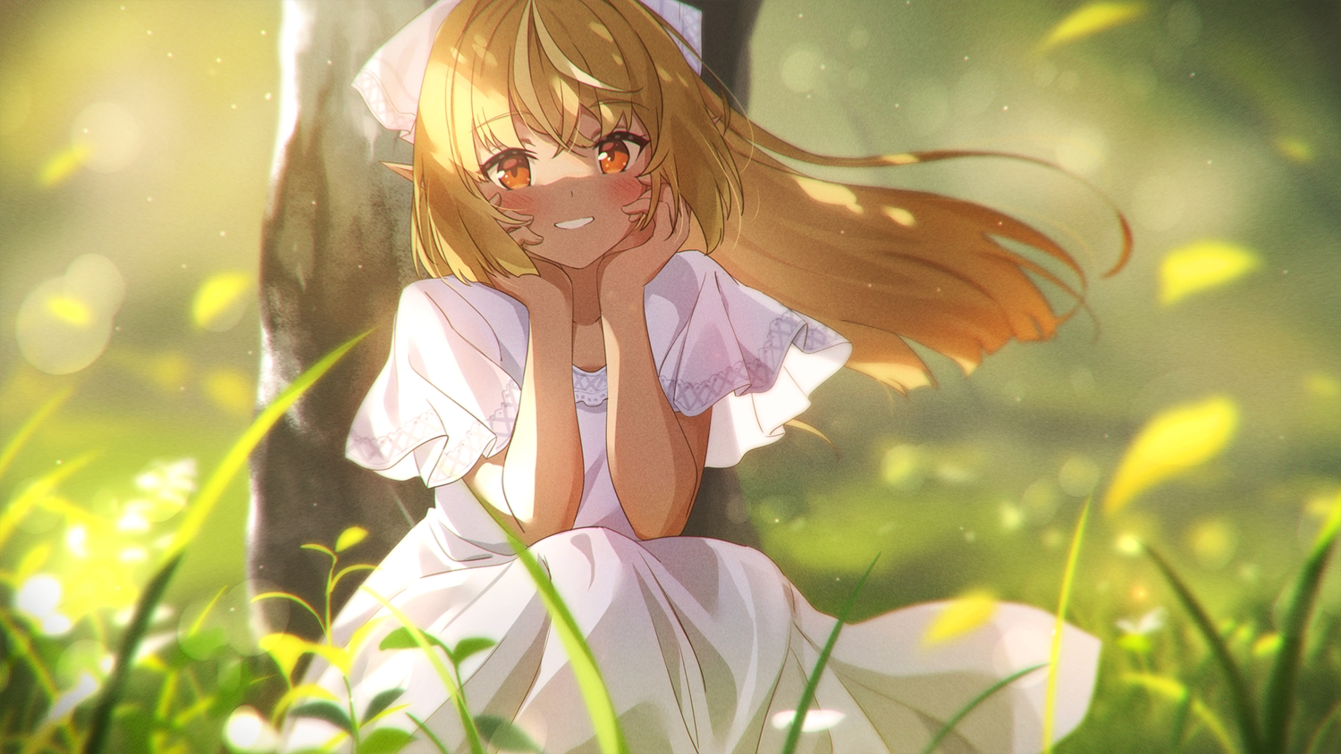blonde_hair, blush, dress, grass, green, hololive, long_hair, narumi_nanami