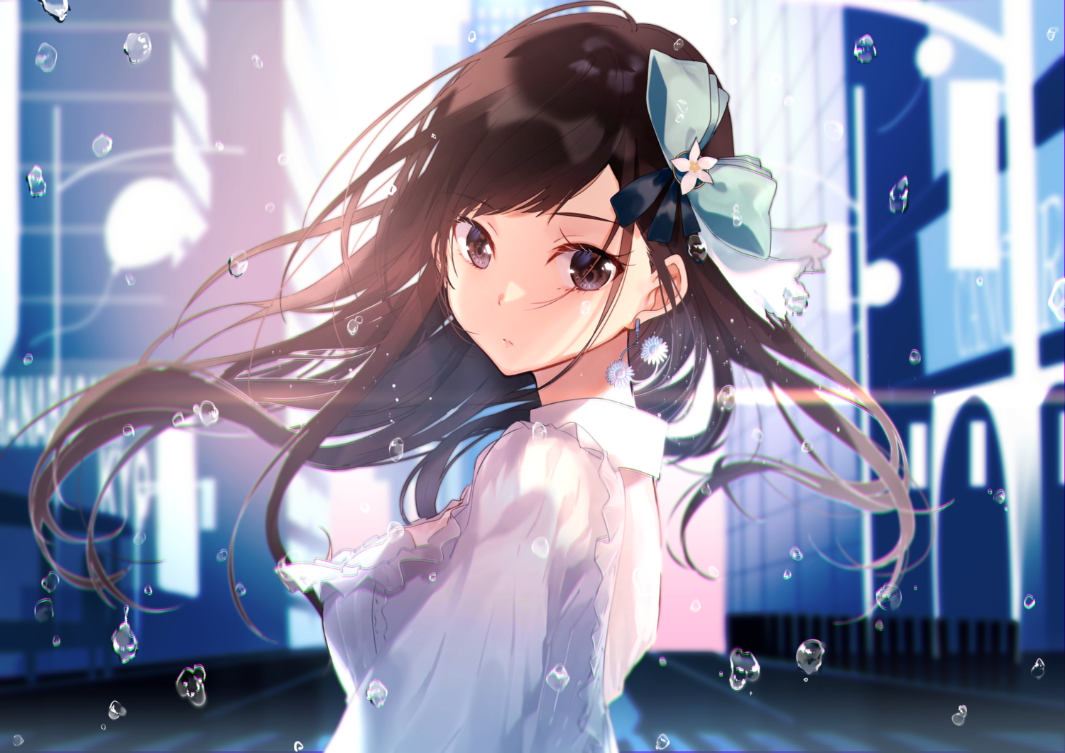 brown_eyes, brown_hair, bubbles, building, close, hanabasami_kyou, long_hair, miwano_ragu, re:act