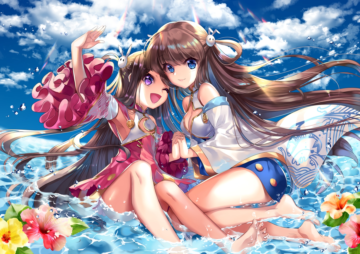 2girls, anthropomorphism, blue_oath, chinese_clothes, chinese_dress, clouds, cu-rim, dress