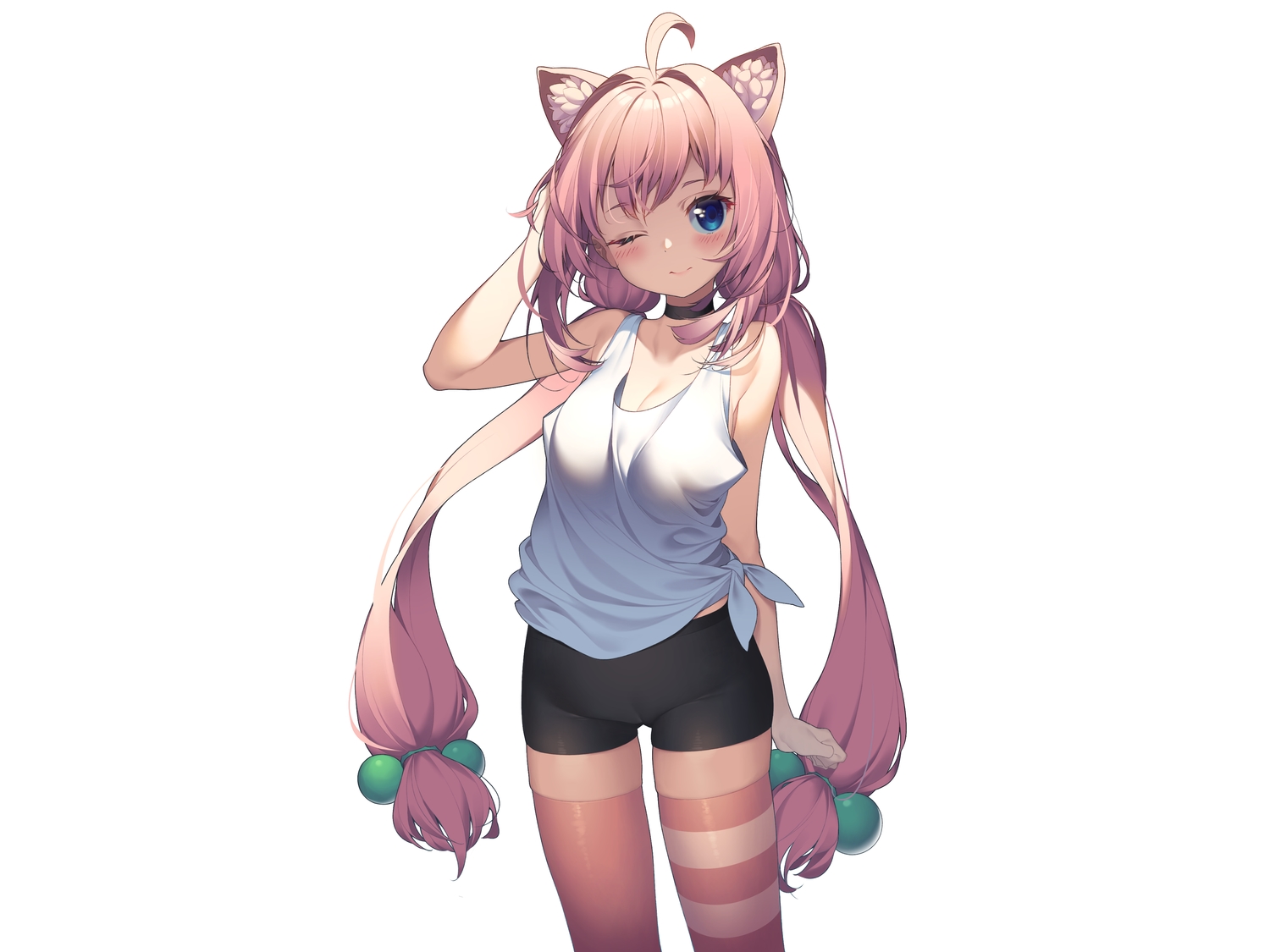 animal_ears, bike_shorts, blue_eyes, blush, breasts, catgirl, choker, cleavage
