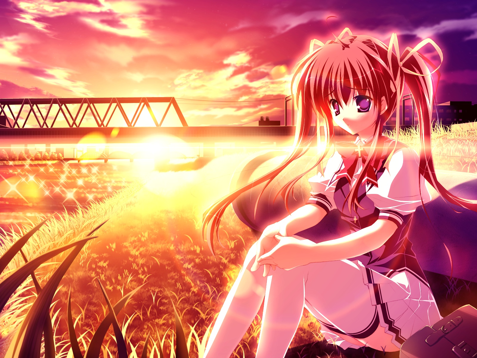 asakura_nanao, game_cg, lyrical_lyric, marmalade, mikeou, purple_hair, skirt, sunset