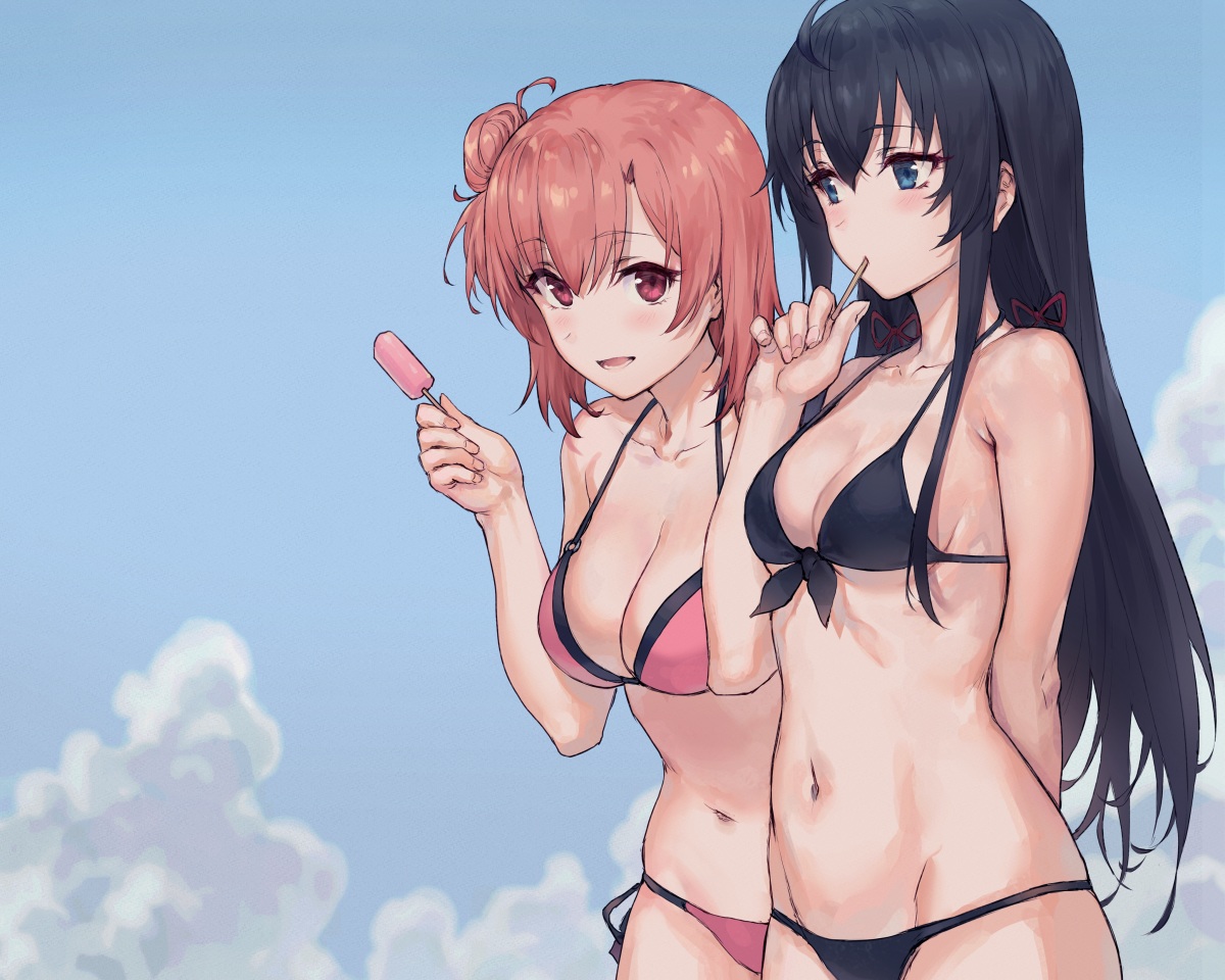 2girls, bikini, black_hair, cropped, haoni, long_hair, navel, pink_hair