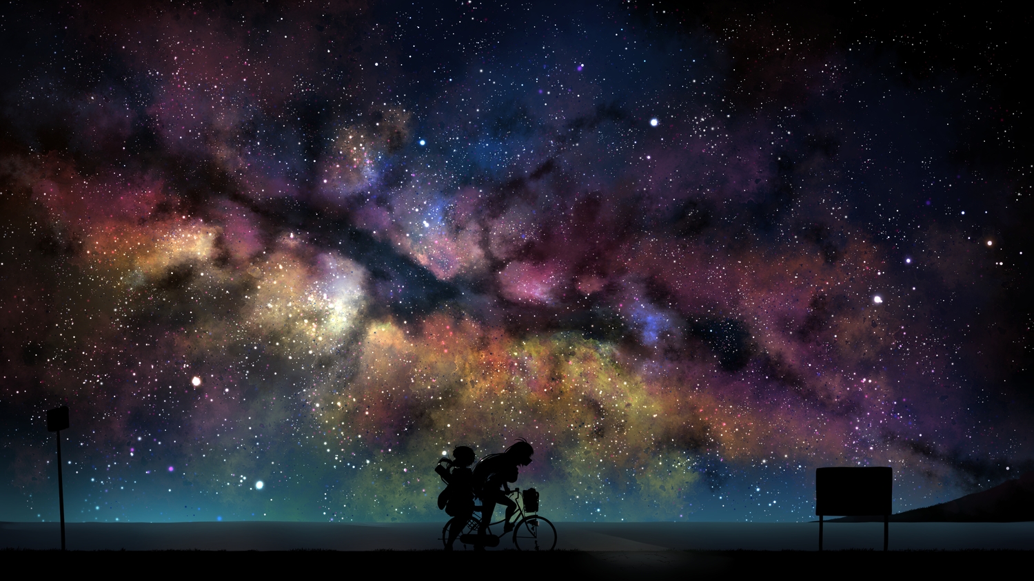 2girls, nichesnake, night, polychromatic, scenic, silhouette, stars, tsurumaki_maki