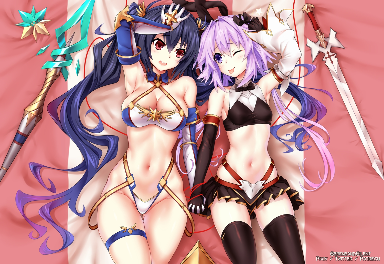 animal_ears, bikini, black_hair, blush, breasts, bunny_ears, bunnygirl, cleavage, cosplay, elbow_gloves, fate/grand_order, fate_(series), gloves, hyperdimension_neptunia, long_hair, navel, neptune, noire, purple_eyes, purple_hair, red_eyes, sereneandsilent, spear, swimsuit, sword, thighhighs, weapon