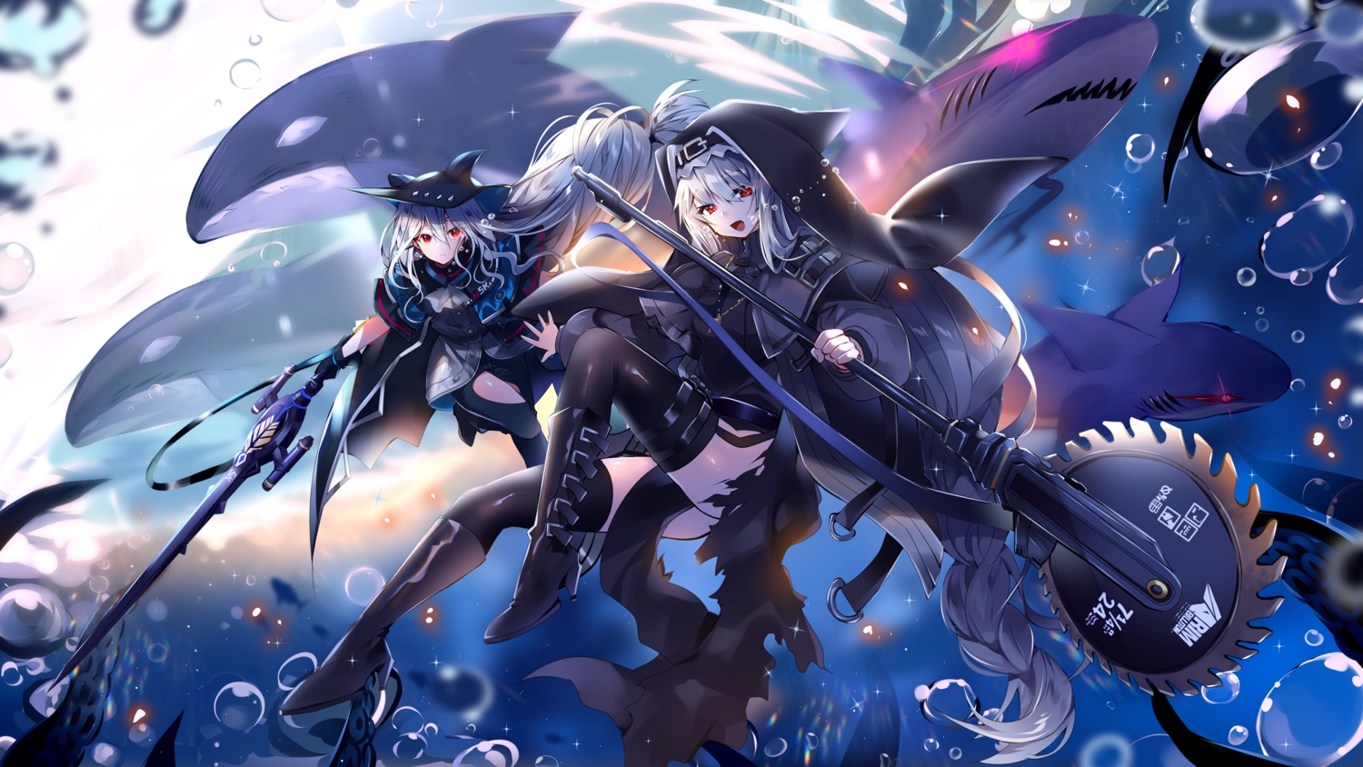 2girls, animal, arknights, bubbles, gloves, gray_hair, gun, long_hair