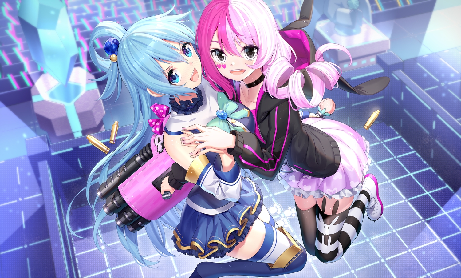 2girls, aqua_eyes, aqua_hair, aqua_(konosuba), black_eyes, blush, boots, bow, #compass, gun, kono_subarashii_sekai_ni_shukufuku_wo!, long_hair, megumegu, pink_hair, ririko_(zhuoyandesailaer), skirt_lift, thighhighs, weapon
