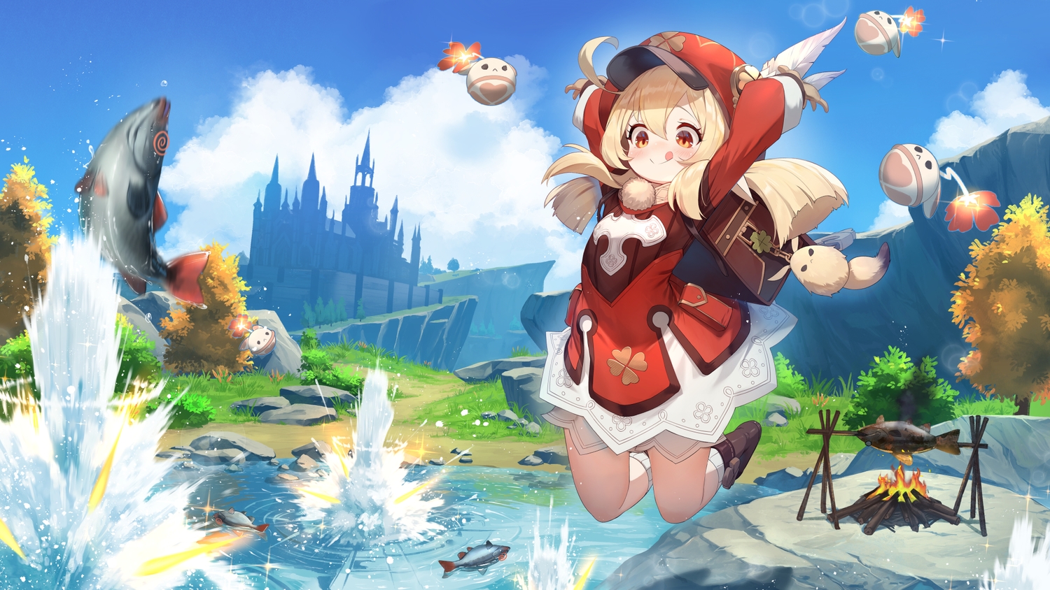 animal, blonde_hair, clouds, feathers, fire, fish, food, genshin_impact, grass, klee_(genshin_impact), loli, long_hair, orange_eyes, raijuu_(bakanara), sky, water