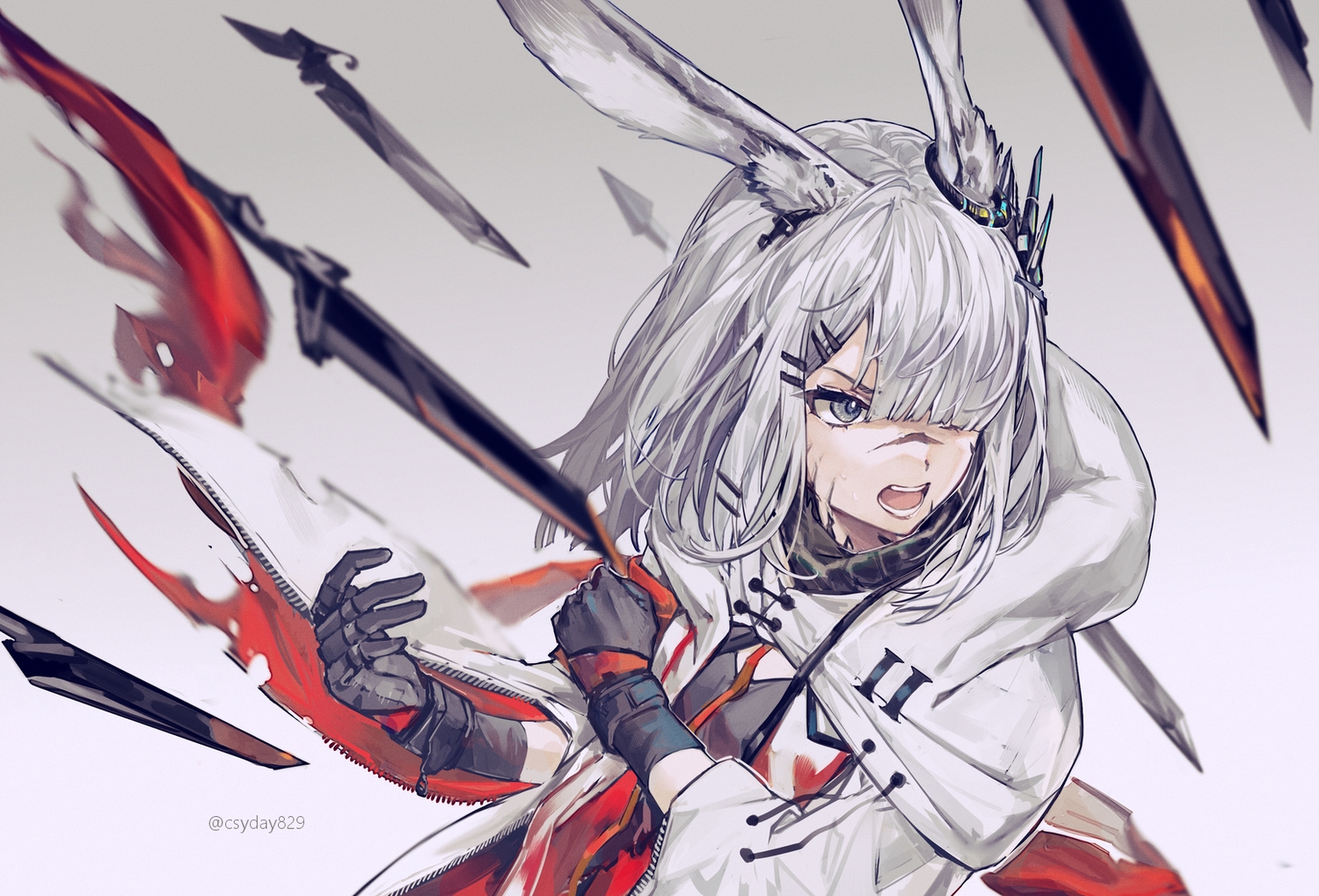 animal_ears, arknights, blood, bunny_ears, bunnygirl, csyday, frostnova_(arknights), gloves