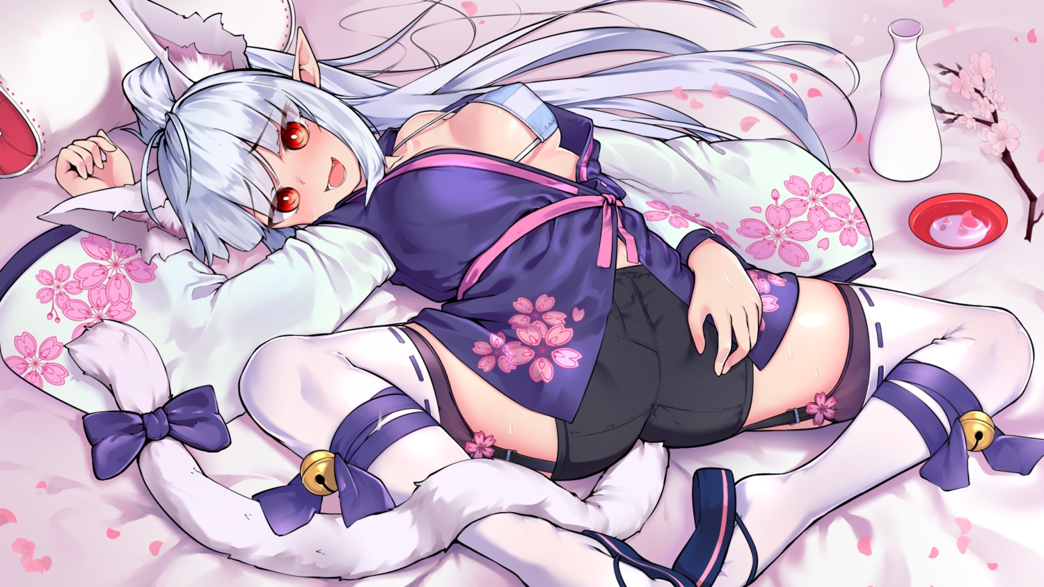 animal_ears, bell, bikini_top, bow, breasts, catgirl, cherry_blossoms, drink, fang, flowers, garter_belt, gray_hair, lavie, long_hair, open_shirt, original, petals, pointed_ears, red_eyes, sake, shorts, spread_legs, swimsuit, tail, thighhighs