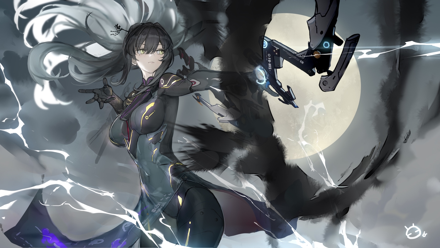 bianca_(pgr), black_hair, bodysuit, breasts, chaoxi, gun, long_hair, moon