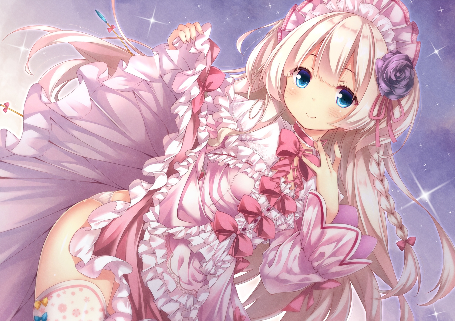 aqua_eyes, blonde_hair, blush, bow, braids, dress, flowers, headdress