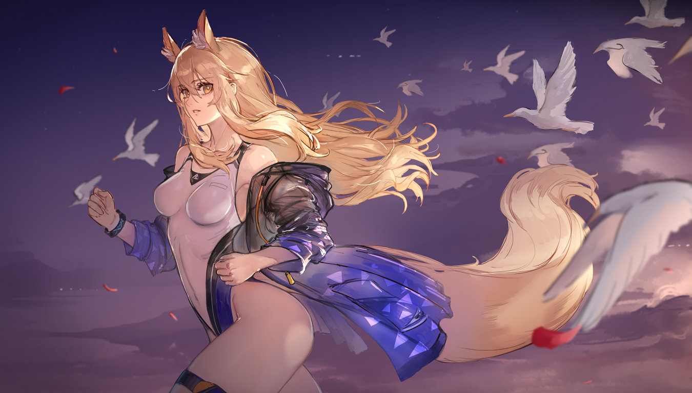 animal, animal_ears, arknights, bird, breasts, brown_eyes, brown_hair, hood, leotard, long_hair, nearl_(arknights), ryuuzaki_ichi, skintight, swimsuit, tail, thighhighs