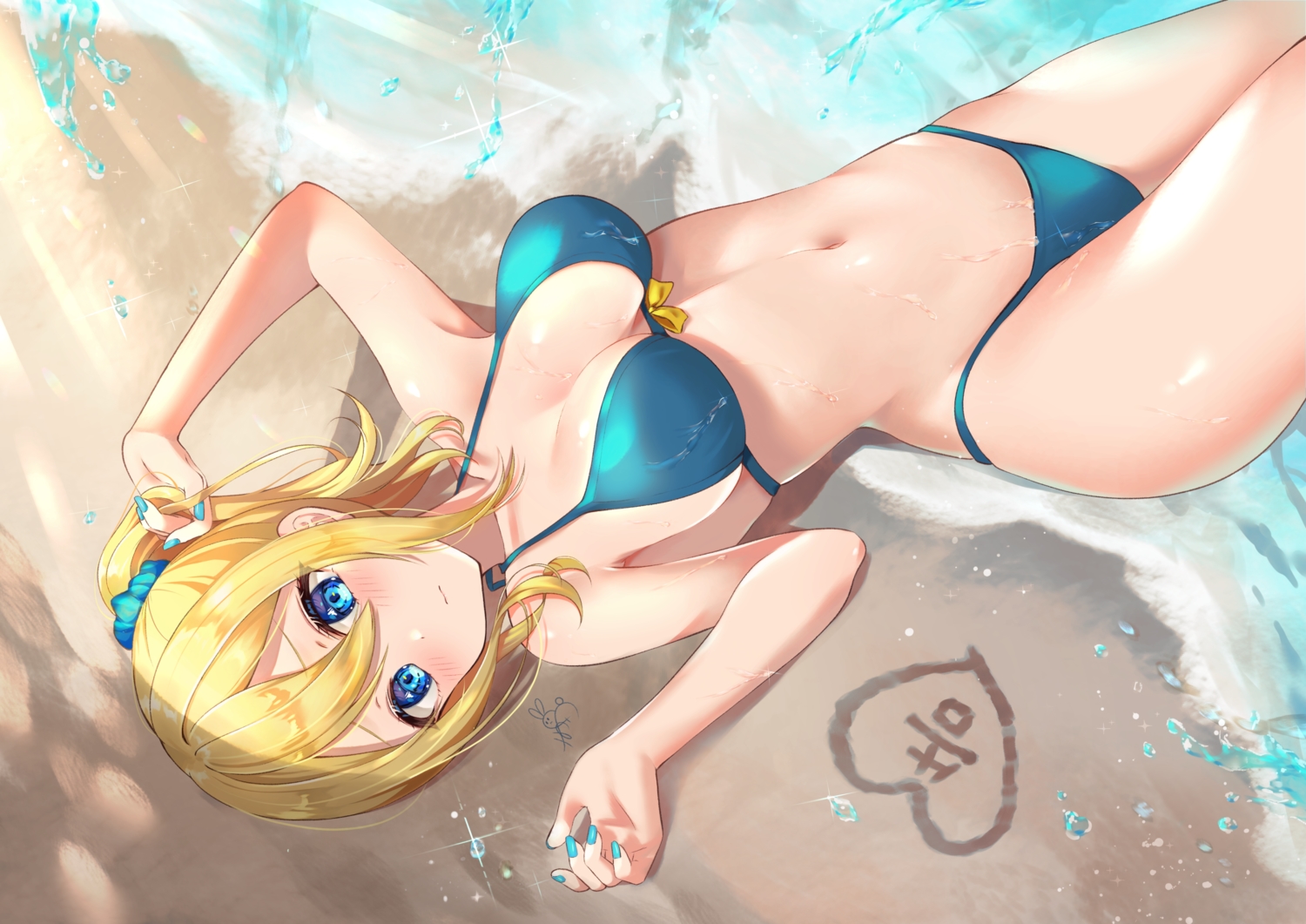 aqua_eyes, beach, bikini, blonde_hair, breasts, cleavage, hayasaka_ai, kaguya-sama_wa_kokurasetai_~tensai-tachi_no_renai_zunousen~, mizukanayuki, navel, ponytail, swimsuit, water
