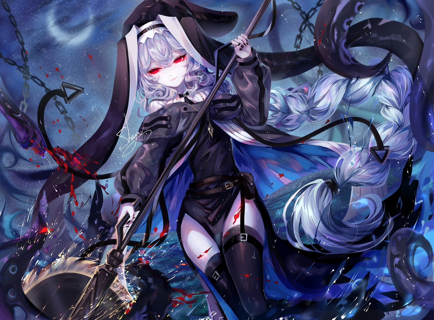 arknights, braids, dress, garter_belt, headdress, long_hair, moon, night, nun, red_eyes, sheya, signed, sky, specter_(arknights), stars, stockings