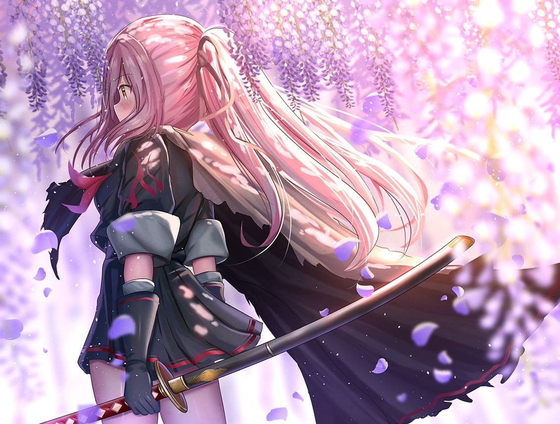 ame_sagari, blush, cape, elbow_gloves, gloves, katana, long_hair, orange_eyes