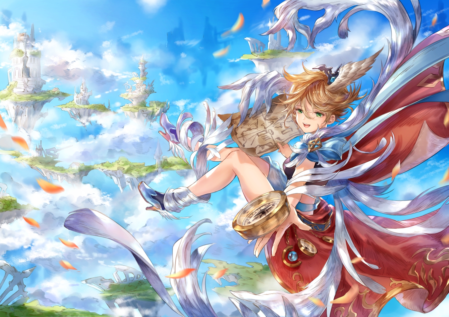brown_hair, building, clouds, green_eyes, ittetsu_taro, original, petals, short_hair
