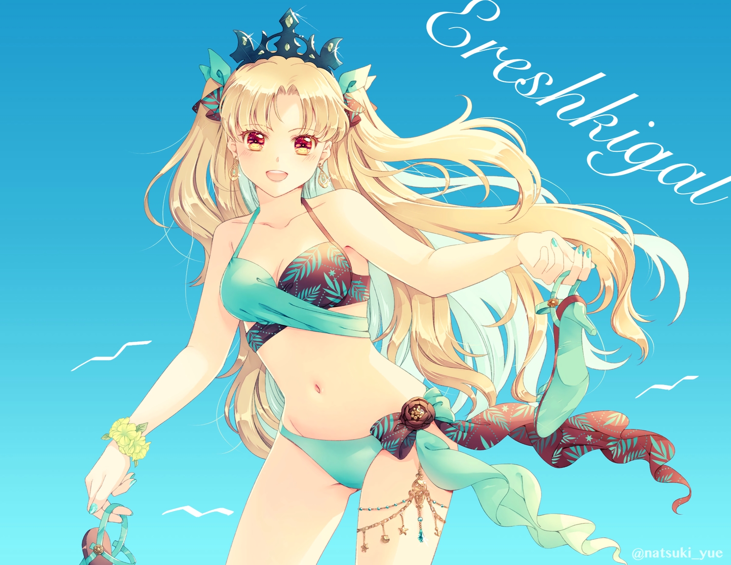 animal, bikini, bird, blonde_hair, brown_eyes, ereshkigal_(fate/grand_order), fate/grand_order, fate_(series), gradient, headdress, long_hair, navel, swimsuit, twintails, wristwear, yue_natsuki