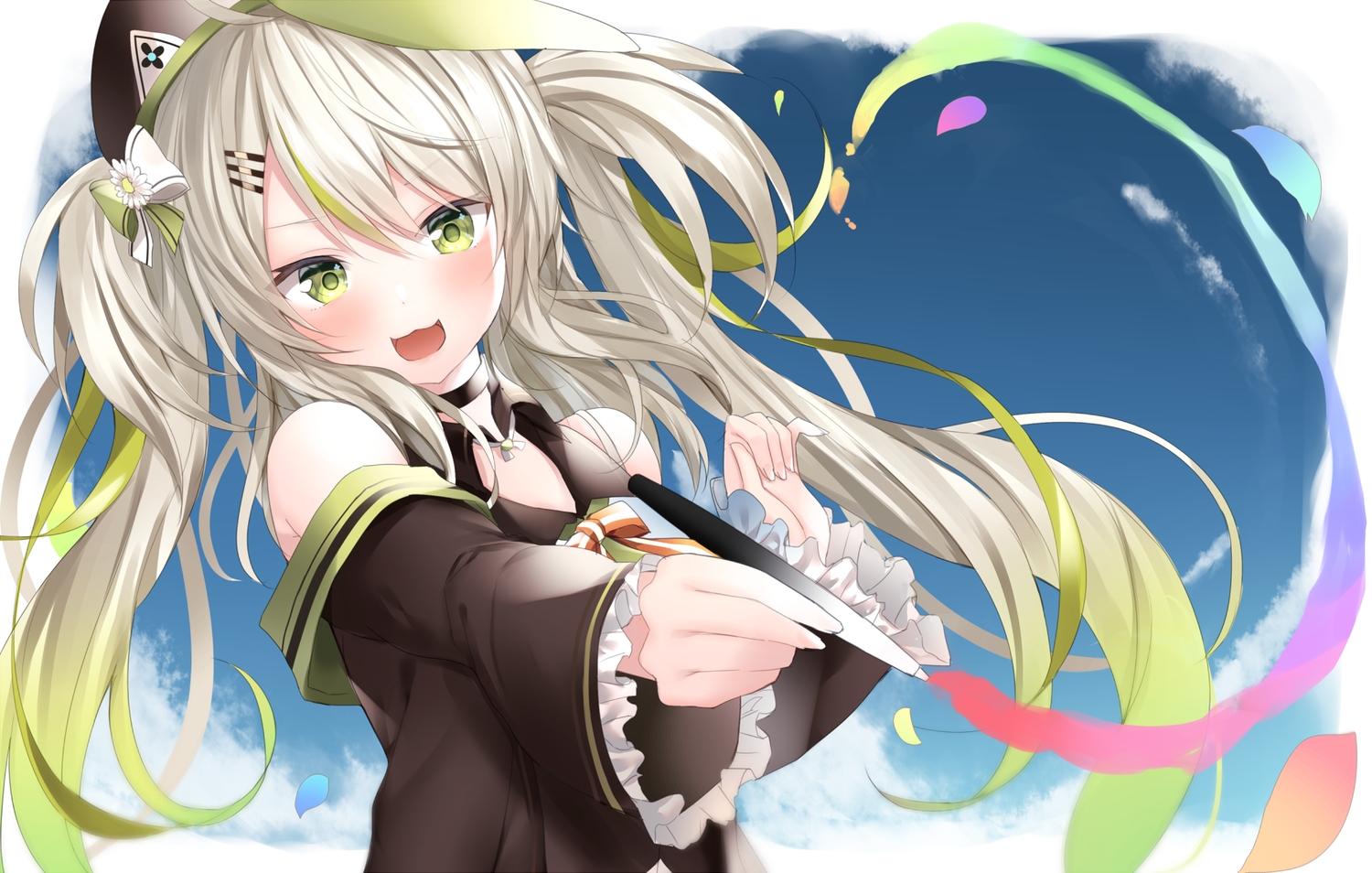 blush, bow, camomi_camomi, camomi_channel, cat_smile, clouds, gray_hair, green_eyes, hat, komomo_(ptkrx), long_hair, petals, sky