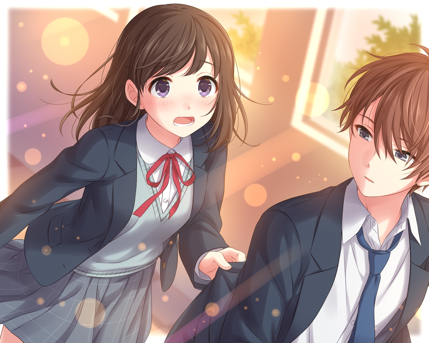 blush, brown_hair, long_hair, male, original, purple_eyes, school_uniform, sekina