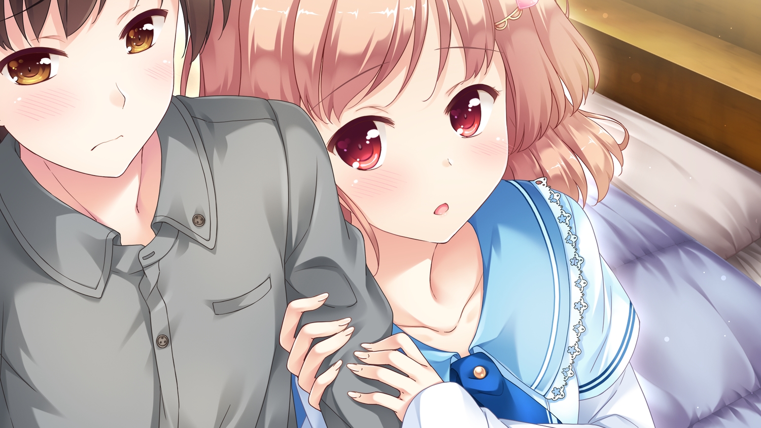 2girls, close, game_cg, happiness!_2_re:lucks, hug, ichijou_kazuki, ko~cha, male, tachibana_mion, windmill_oasis