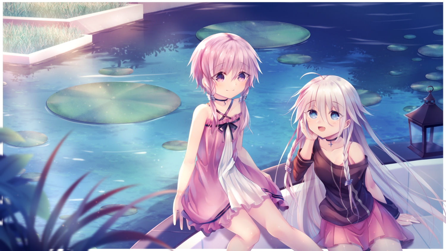2girls, blue_eyes, braids, choker, dress, ia, long_hair, purple_eyes