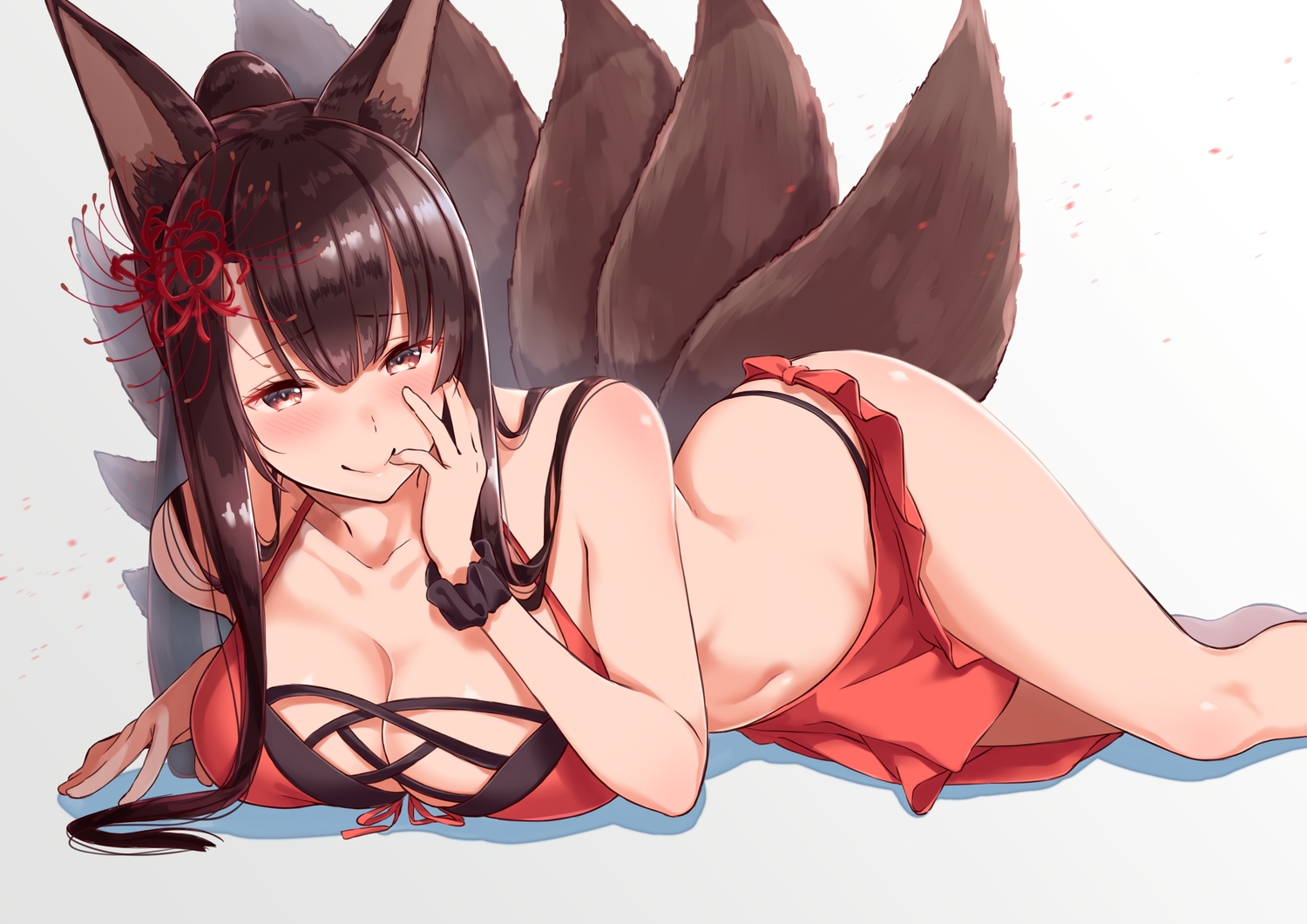akagi_(azur_lane), animal_ears, anthropomorphism, azur_lane, bikini, breasts, brown_eyes, brown_hair, cleavage, foxgirl, izure_(pixiv16392012), multiple_tails, swimsuit, tail