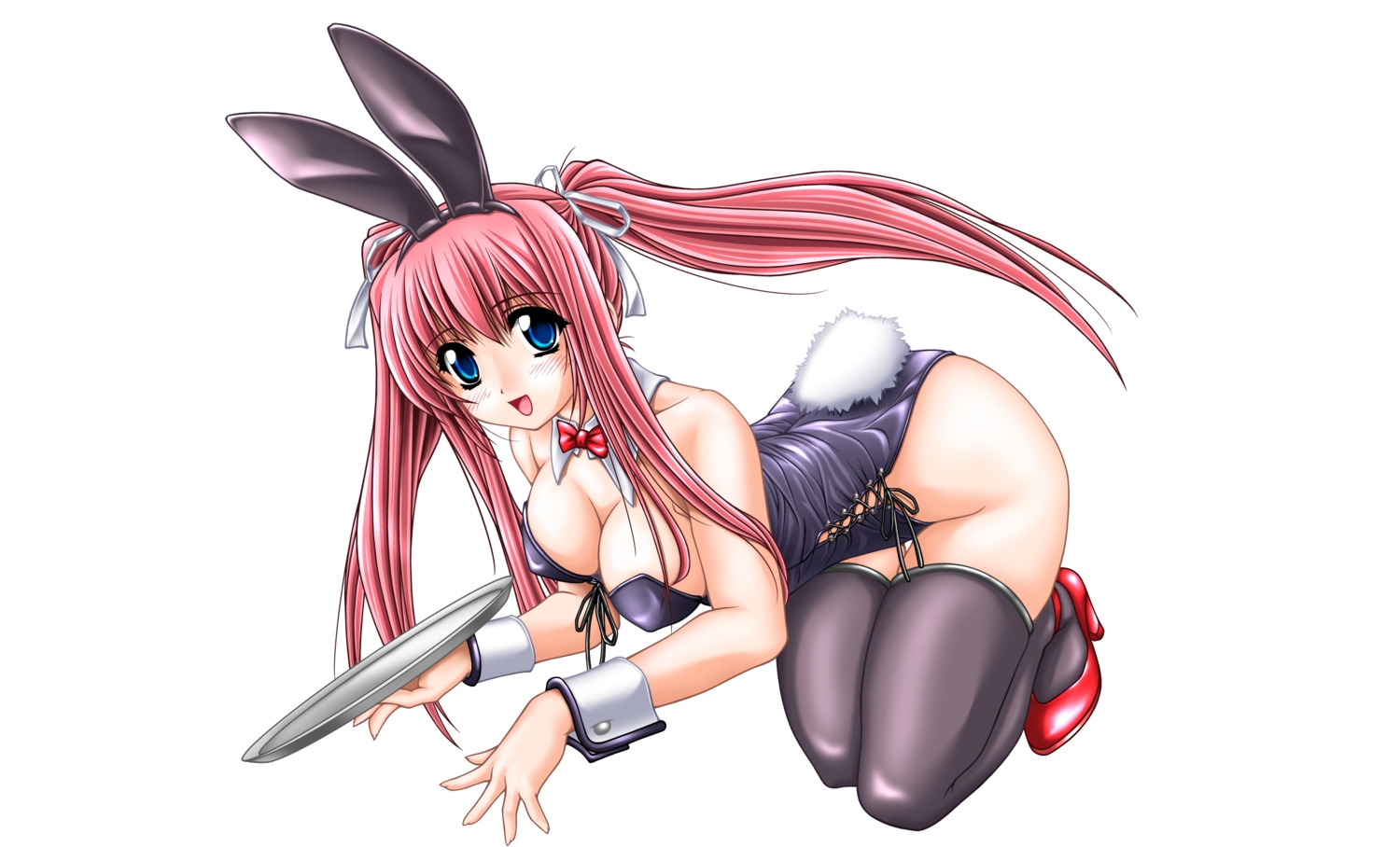 animal_ears, aqua_eyes, blush, breasts, bunny_ears, bunnygirl, cleavage, headband, leotard, long_hair, pink_hair, ribbons, tail, thighhighs, tomoya_kankurou, twintails, waitress, white, wristwear