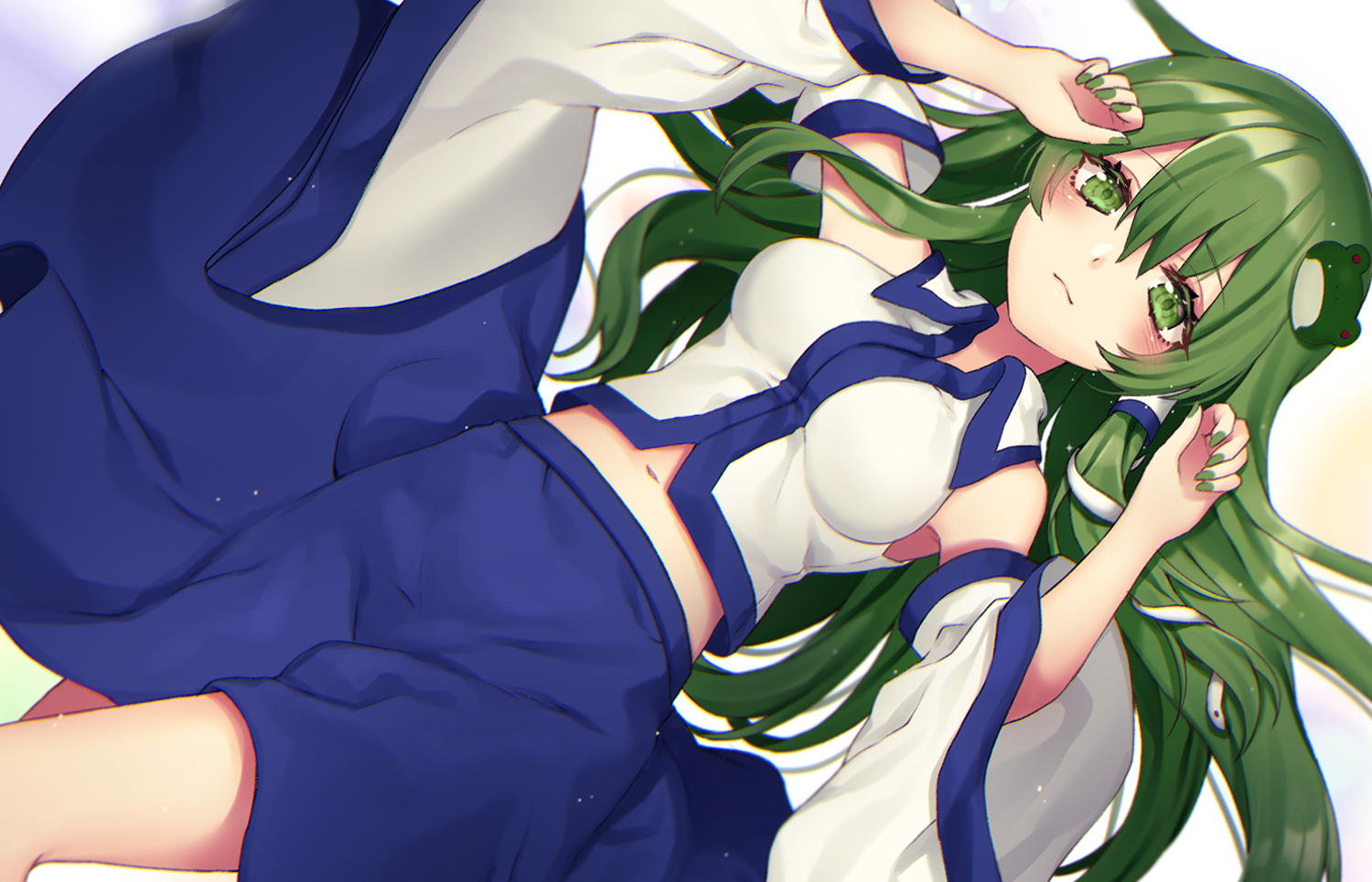 animal, blush, breasts, green_eyes, green_hair, japanese_clothes, kochiya_sanae, kyouda_suzuka