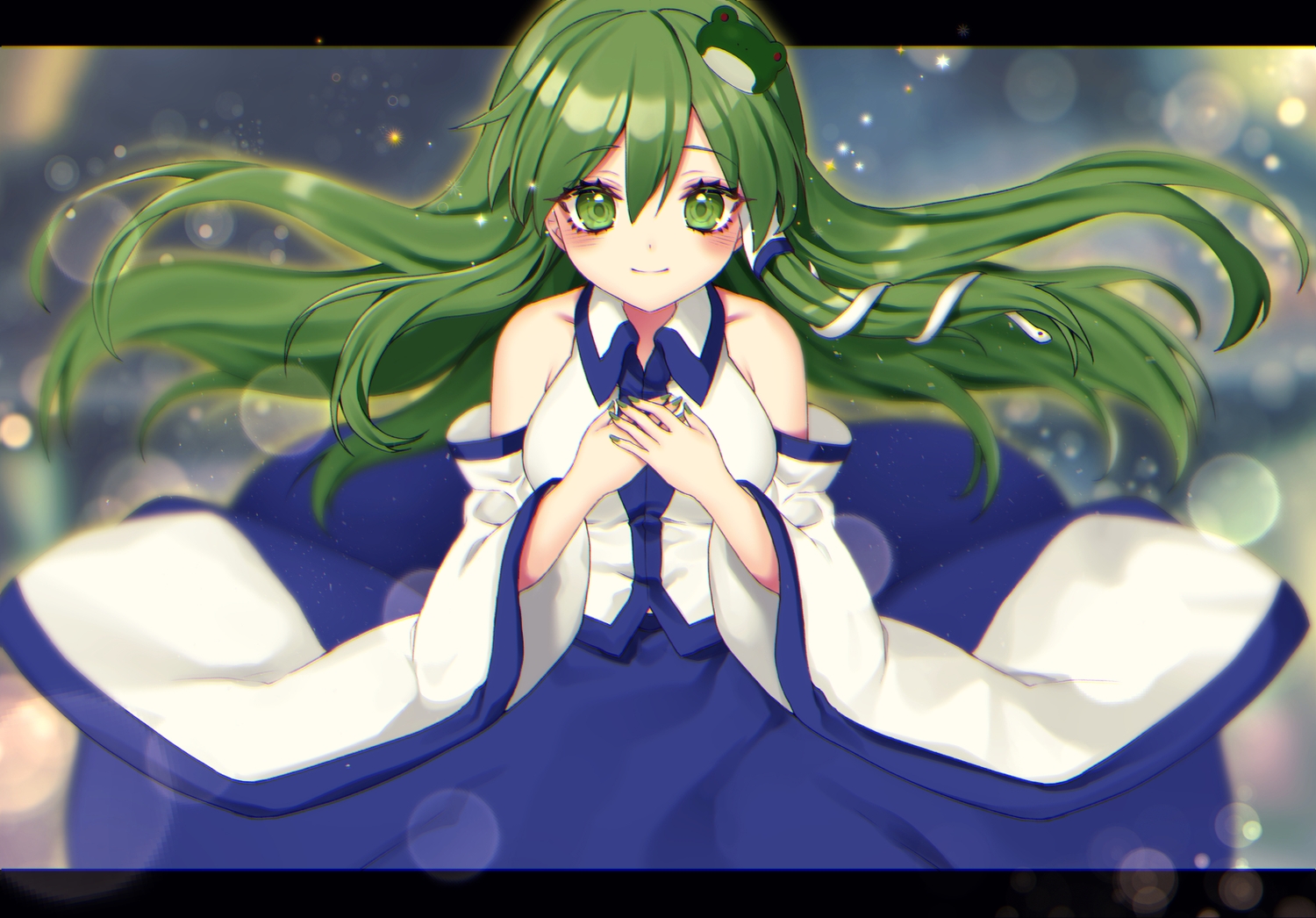animal, blush, green_eyes, green_hair, japanese_clothes, kochiya_sanae, kyouda_suzuka, long_hair