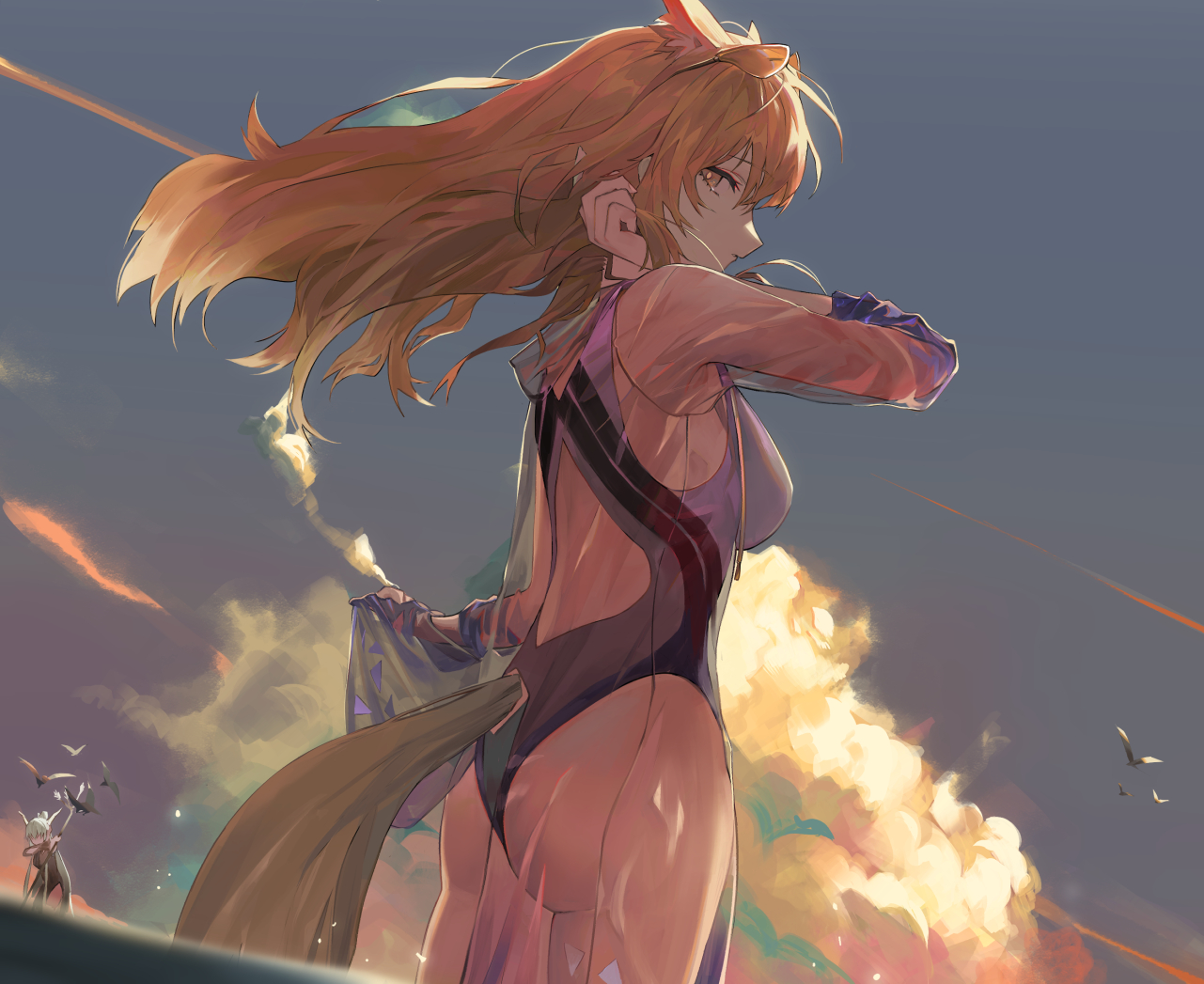 animal, animal_ears, arknights, ass, bird, breasts, brown_eyes, brown_hair, clouds, koio, long_hair, nearl_(arknights), shining_(arknights), sky, swimsuit, tail, water