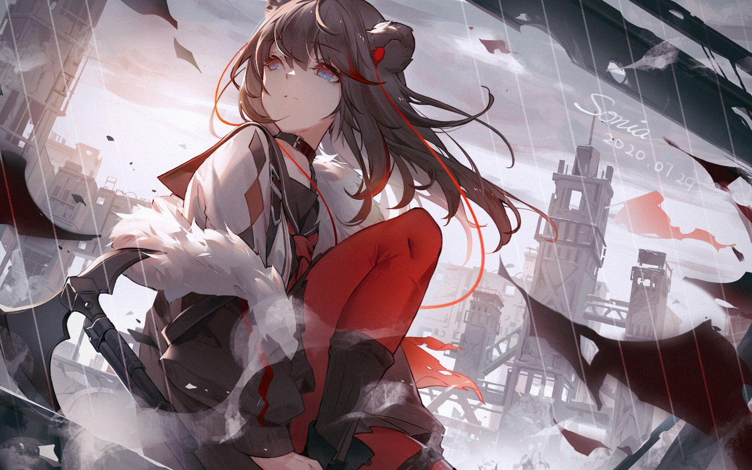 animal_ears, arknights, black_hair, blue_eyes, building, city, collar, emurina