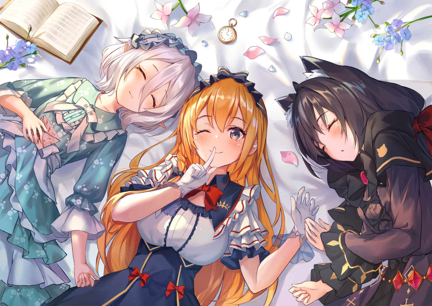animal_ears, black_hair, blush, book, bow, dress, flowers, gloves