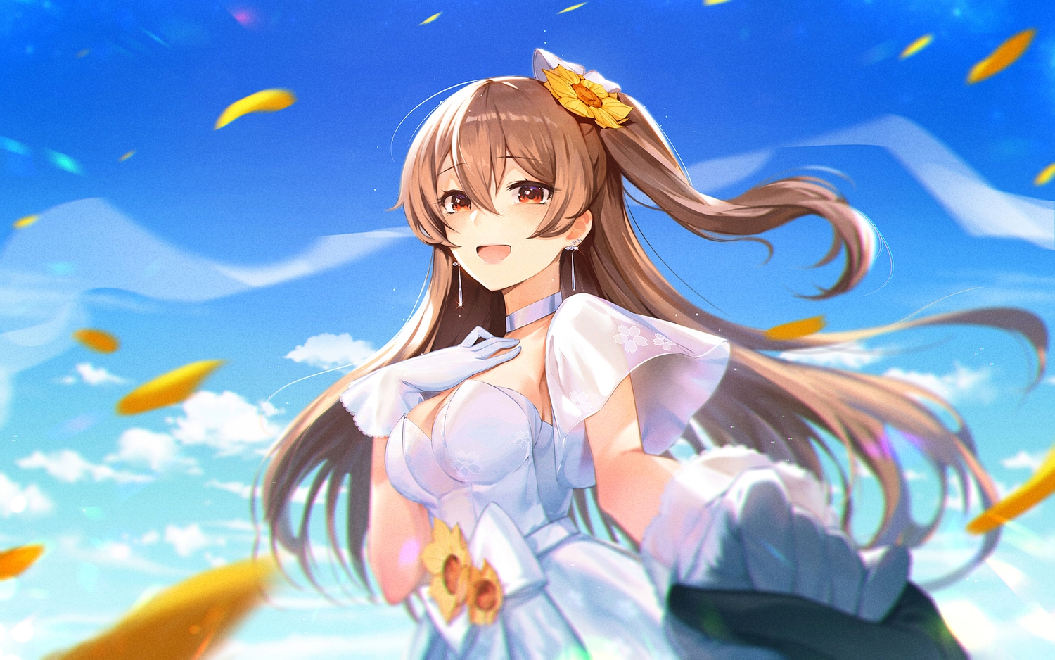 blush, breasts, brown_hair, cleavage, clouds, dress, flowers, gloves
