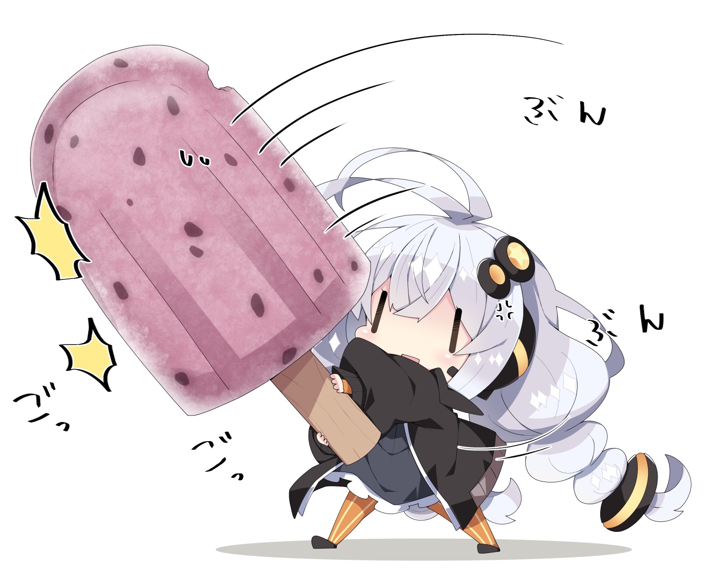 braids, chibi, gray_hair, kizuna_akari, long_hair, milkpanda, popsicle, vocaloid