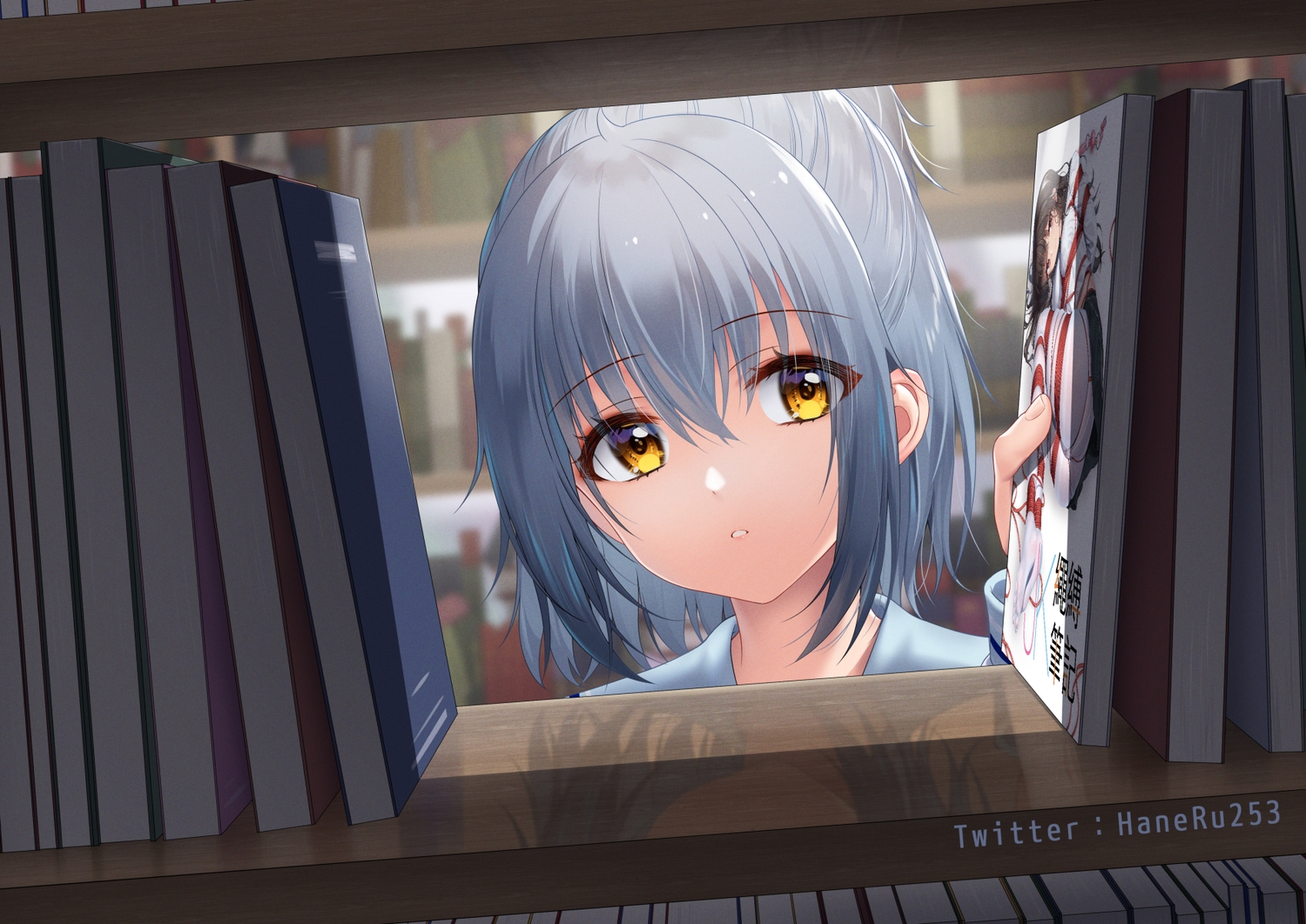 book, brown_eyes, close, gray_hair, haneru, haori_haruki, original, reflection