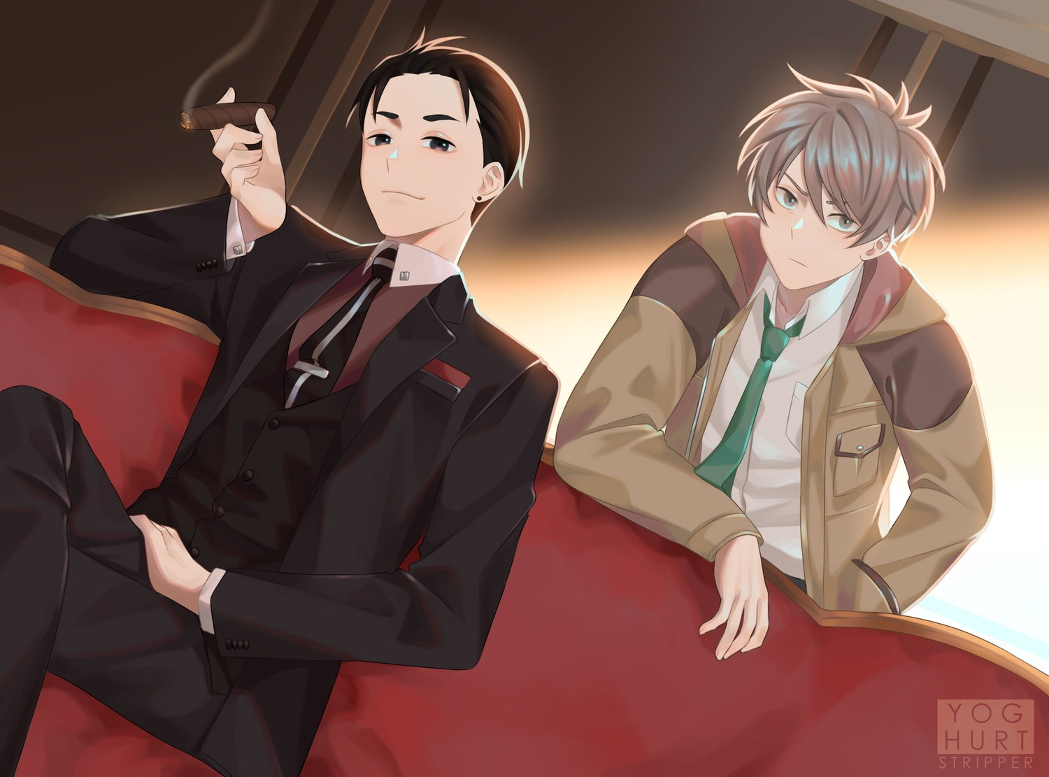 all_male, black_eyes, brown_hair, fugou_keiji_balance:unlimited, gray_eyes, gray_hair, kanbe_daisuke, katou_haru, male, short_hair, smoking, tie, watermark, yoghurtstripper