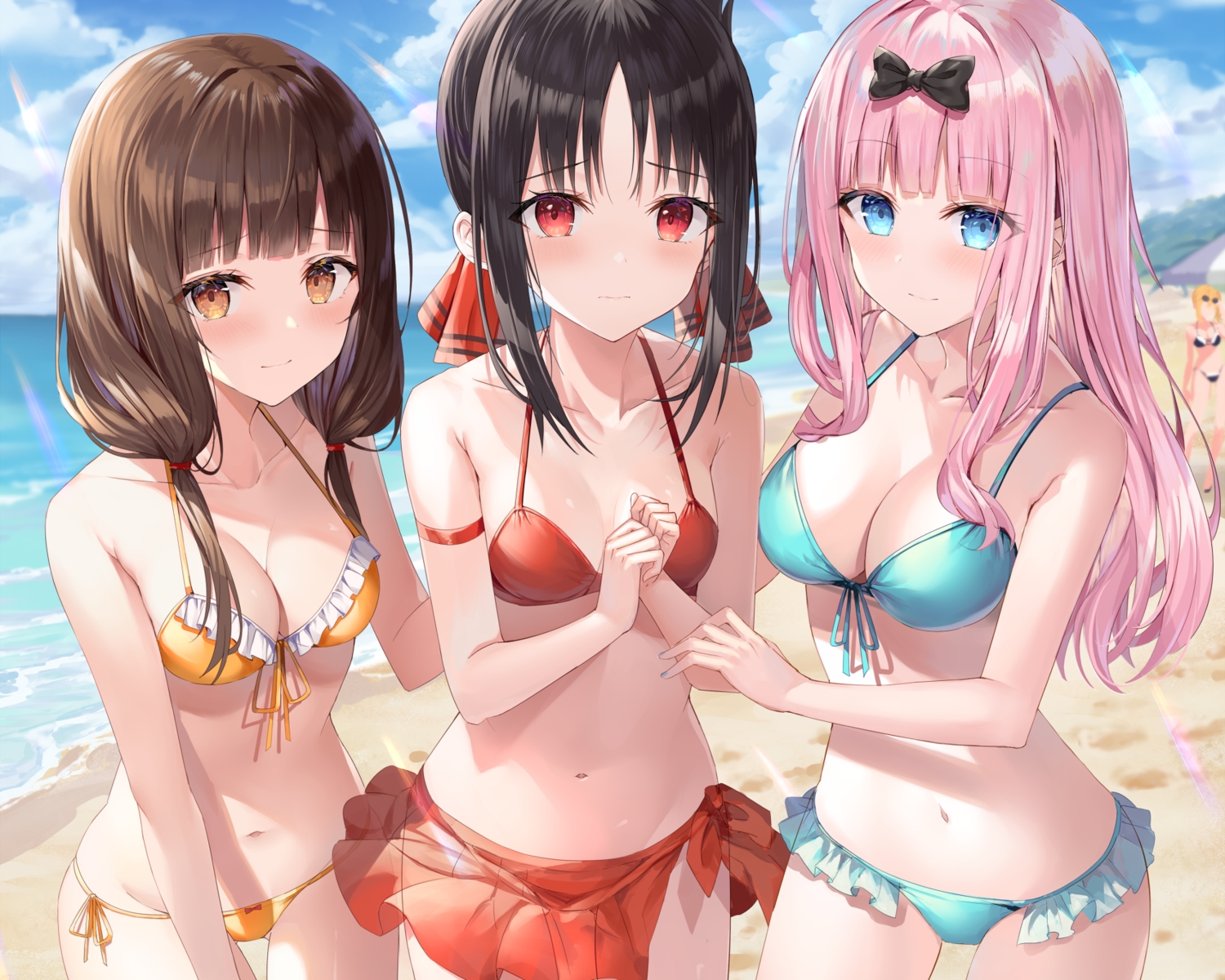 beach, bikini, black_hair, blue_eyes, blush, bow, breasts, brown_eyes, brown_hair, cleavage, cropped, fujiwara_chika, iino_miko, kaguya-sama_wa_kokurasetai_~tensai-tachi_no_renai_zunousen~, navel, pink_hair, red_eyes, rin_yuu, shinomiya_kaguya, short_hair, swimsuit, twintails, water