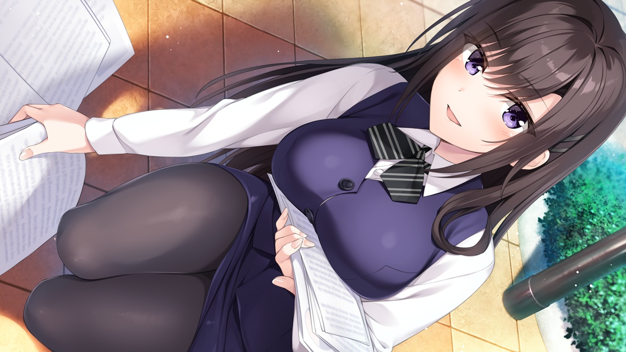 blush, brown_eyes, game_cg, hibiki_works, long_hair, oryou, pantyhose, paper, purple_eyes, re_cation_~melty_healing~, tie, tsukinose_riho