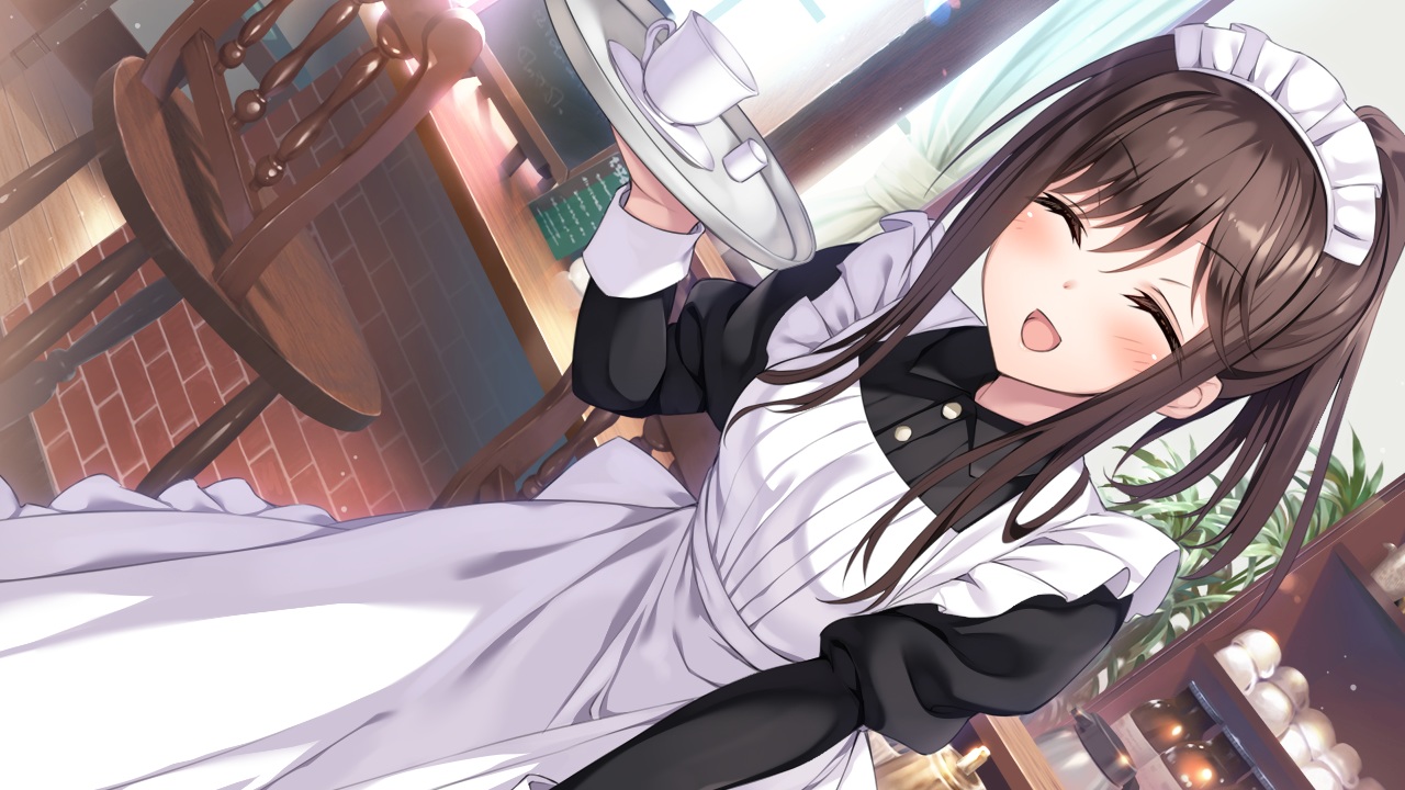 apron, blush, brown_hair, futagawa_haru, game_cg, headdress, hibiki_works, maid, oryou, ponytail, re_cation_~melty_healing~, waitress