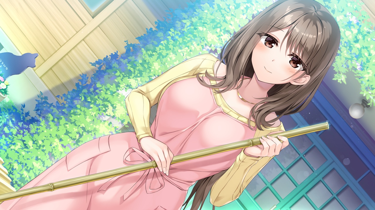 apron, blush, brown_eyes, brown_hair, game_cg, hibiki_works, long_hair, necklace