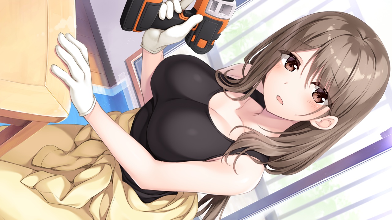 blush, breasts, brown_eyes, brown_hair, cleavage, game_cg, gloves, hibiki_works