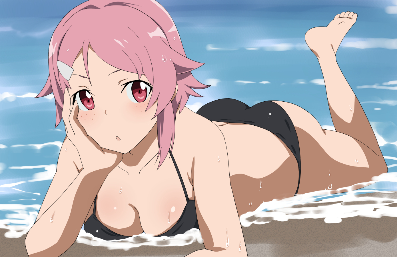 ass, bikini, breasts, moroheiya_(user_harz4842), pink_eyes, pink_hair, shinozaki_rika, short_hair, swimsuit, sword_art_online, water