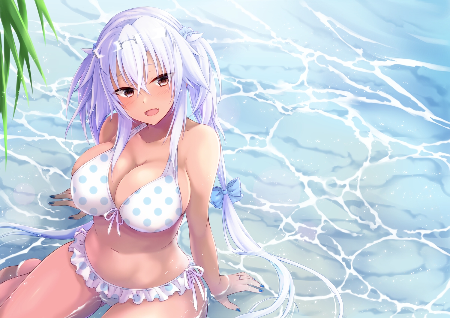 anthropomorphism, bikini, blush, brown_eyes, cameltoe, dark_skin, fang, glasses, gray_hair, kantai_collection, long_hair, mashiro_yukiya, musashi_(kancolle), navel, swimsuit, water