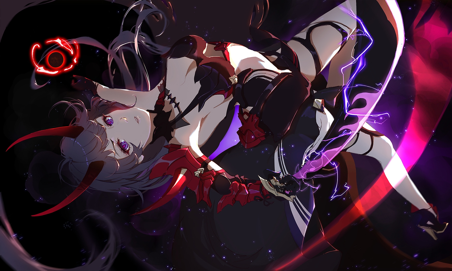 black, black_hair, gloves, honkai_impact, honkai_(series), horns, purple_eyes, raiden_mei