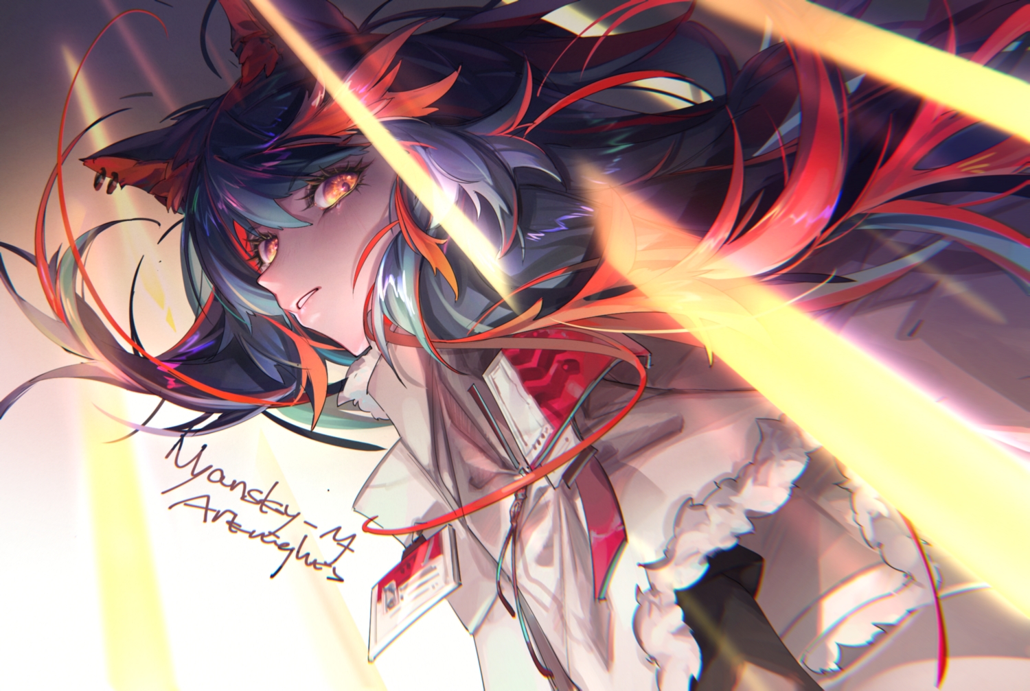 animal_ears, arknights, blue_hair, close, long_hair, nyansky, orange_eyes, signed