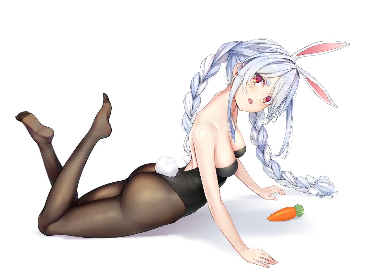 animal_ears, ass, blush, braids, breasts, bunny_ears, bunnygirl, food