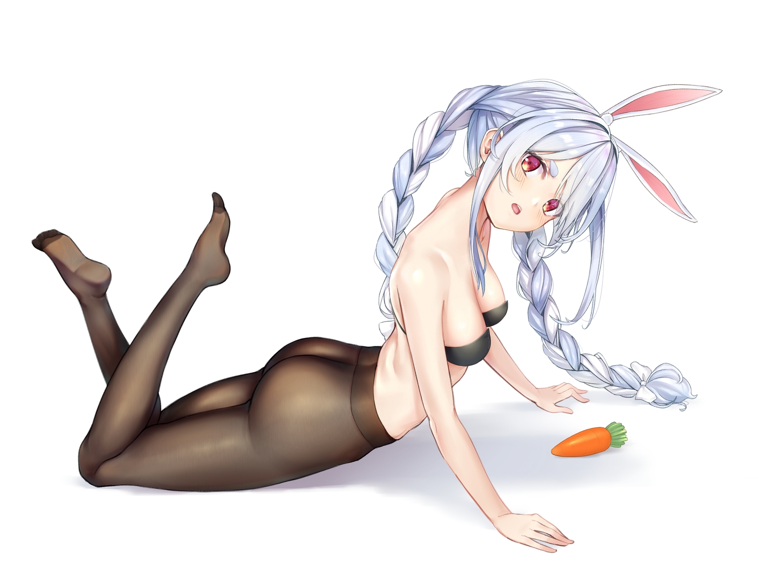 animal_ears, ass, blush, braids, bunny_ears, bunnygirl, food, gray_hair, hololive, long_hair, pantyhose, red_eyes, terebi_(shimizu1996), twintails, usada_pekora, white