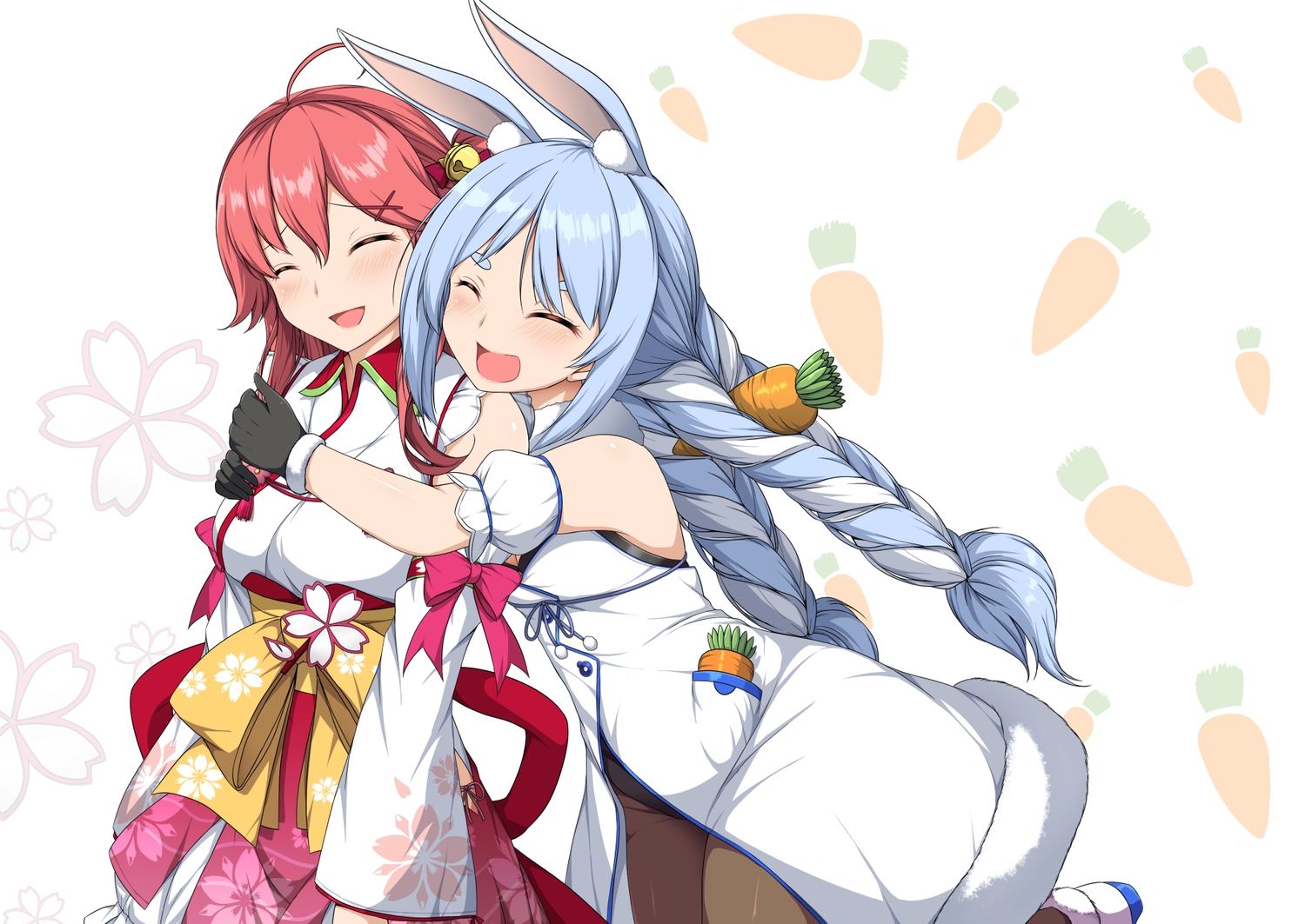2girls, animal_ears, bell, blue_hair, blush, braids, bunny_ears, bunnygirl